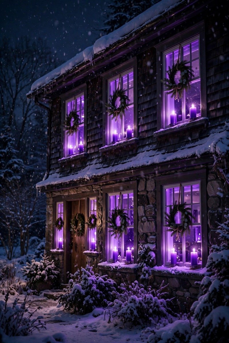 House windows glowing with purple electric candles and wreaths at night