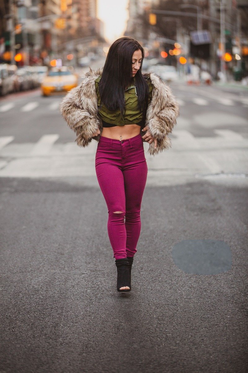 Faux fur jacket with jeans outfit