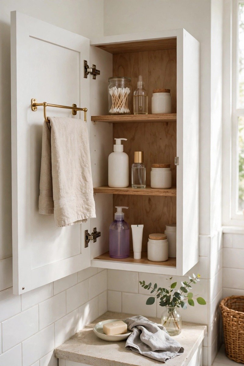 Towel holder on the inside of a cabinet door