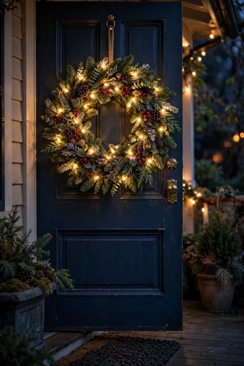 Pre-lit LED Christmas wreath glowing in the evening on a front porch