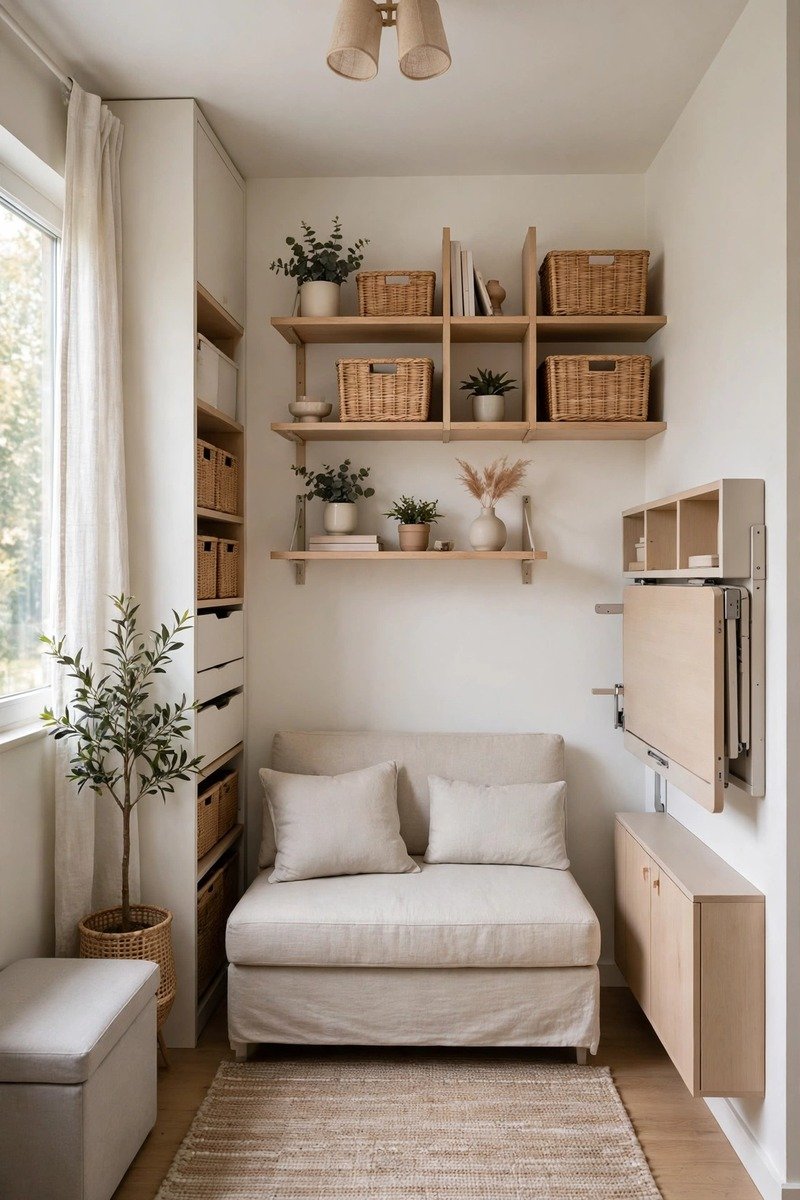 Small living room with space-saving furniture, mirrors, and light colors