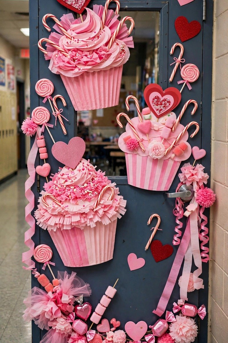 Classroom door with cupcakes, candy, and heart decorations