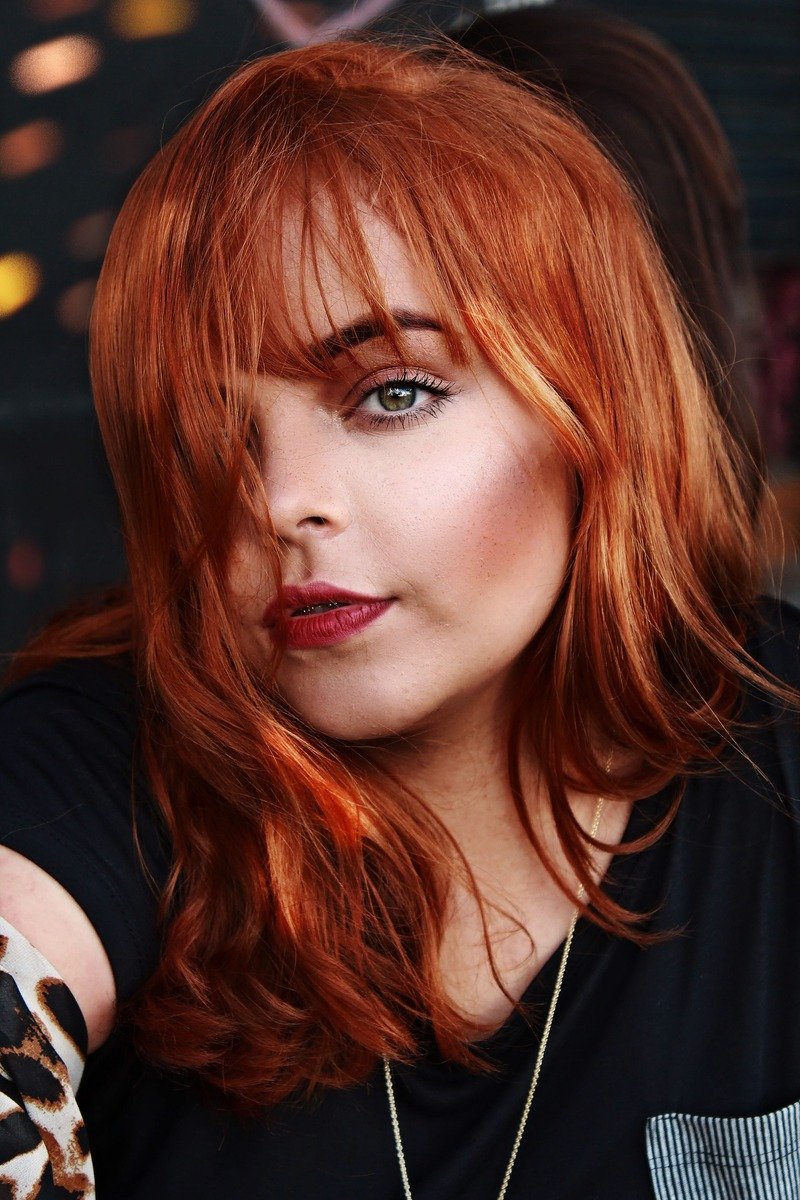 Cherry cola hair with wispy bangs