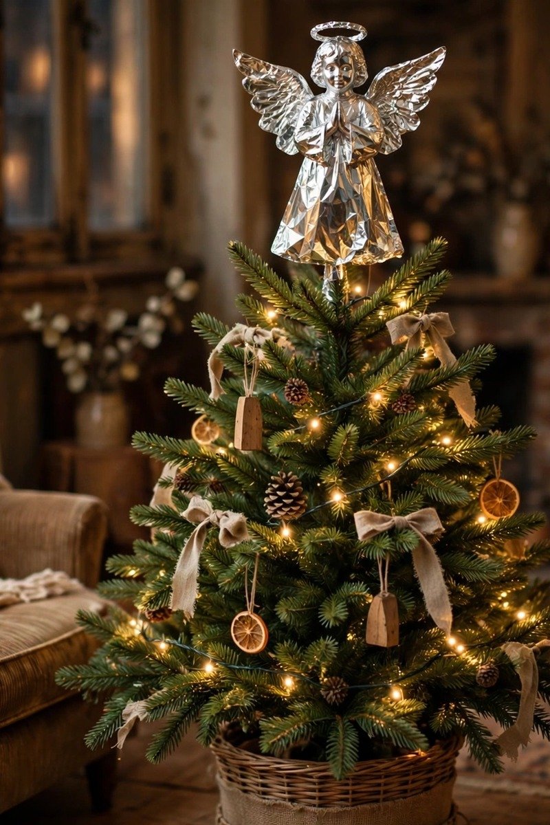Vintage Christmas decorations foil angel tree topper
