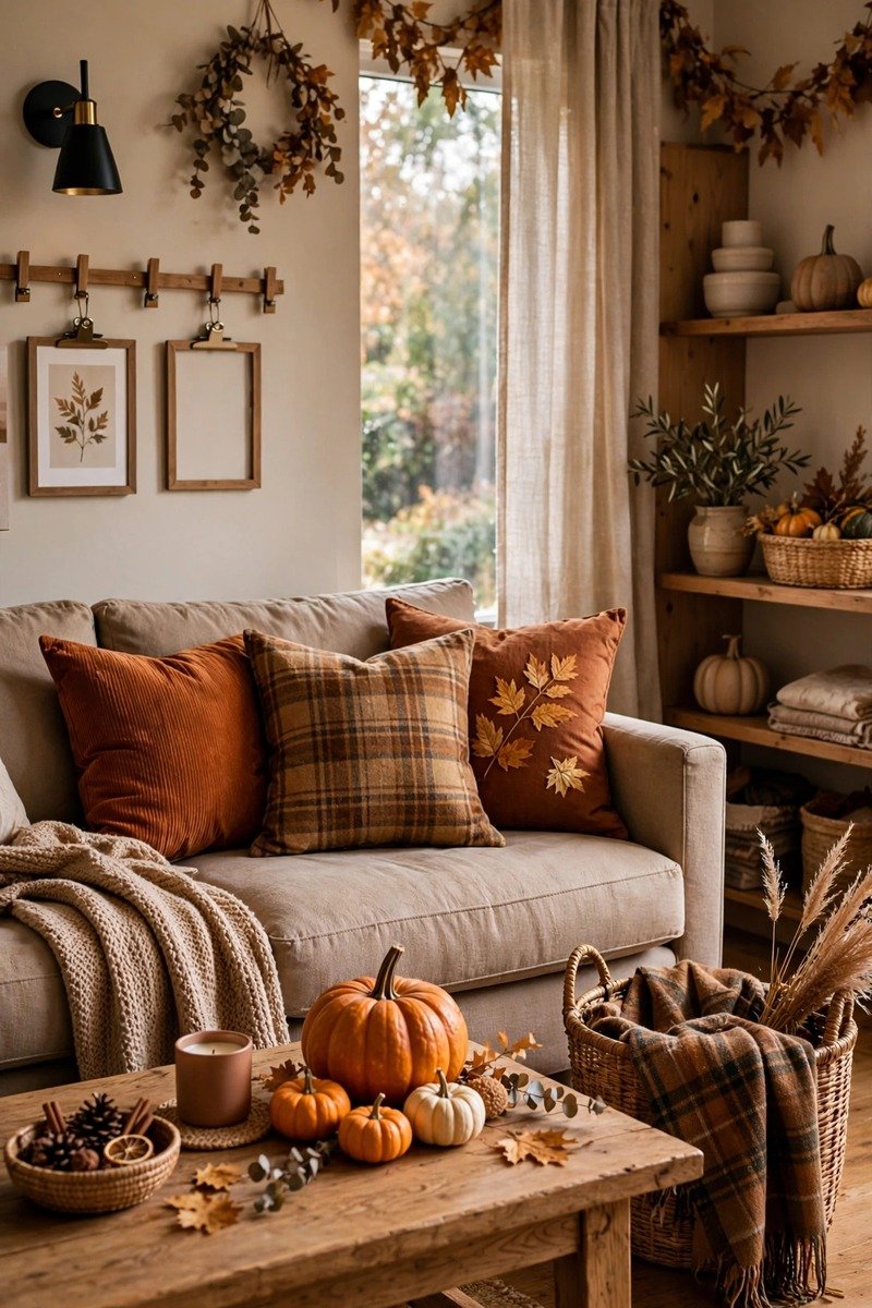 Living room with seasonal refresh touches like autumn pillows and a cozy throw