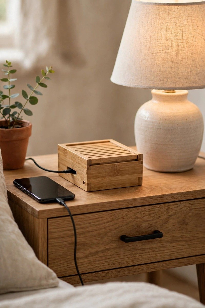 Small bedroom with tidy hidden charging cords
