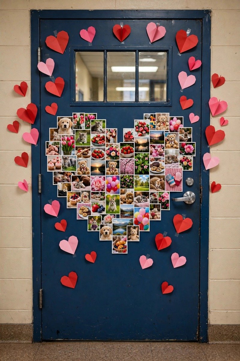 Classroom door with a large heart made from small photos