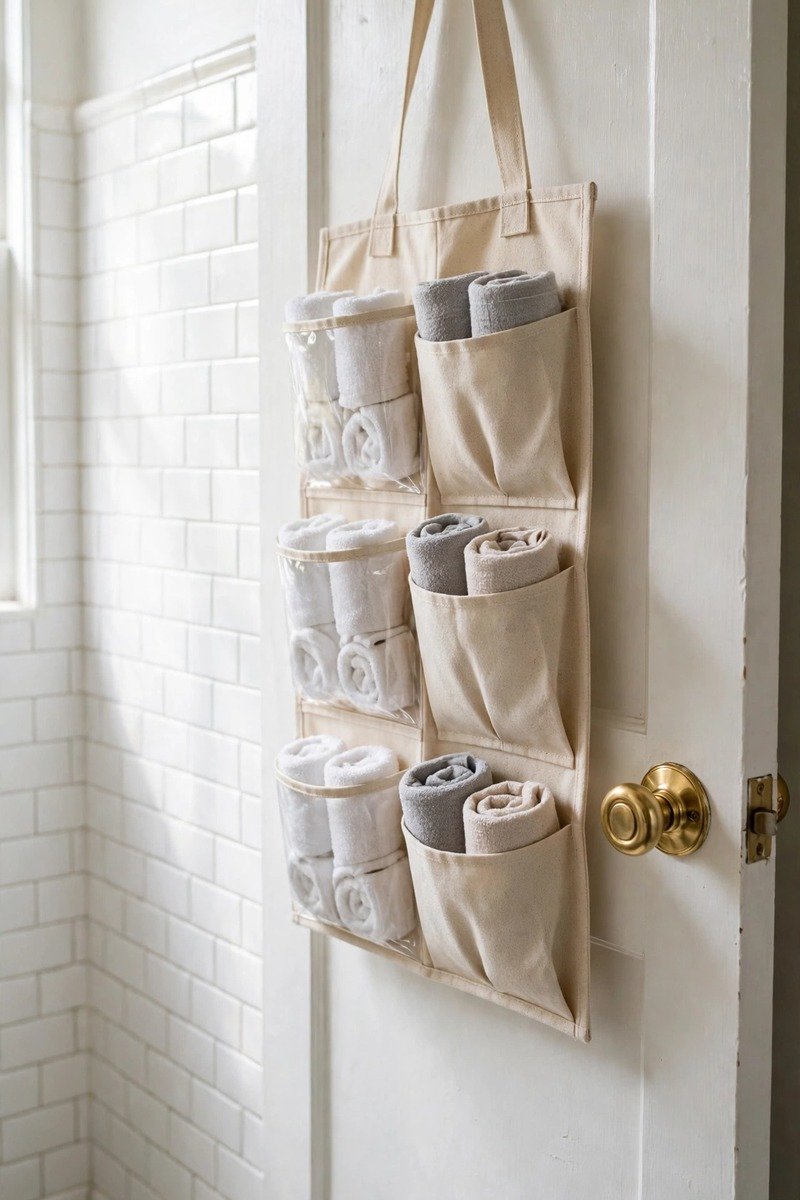 Hanging pocket organizer with towels on a bathroom door