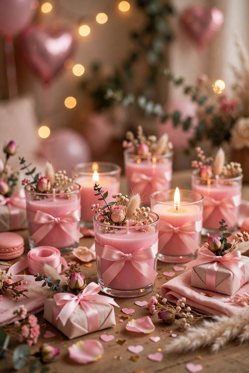 Pink custom scented candles as party favors