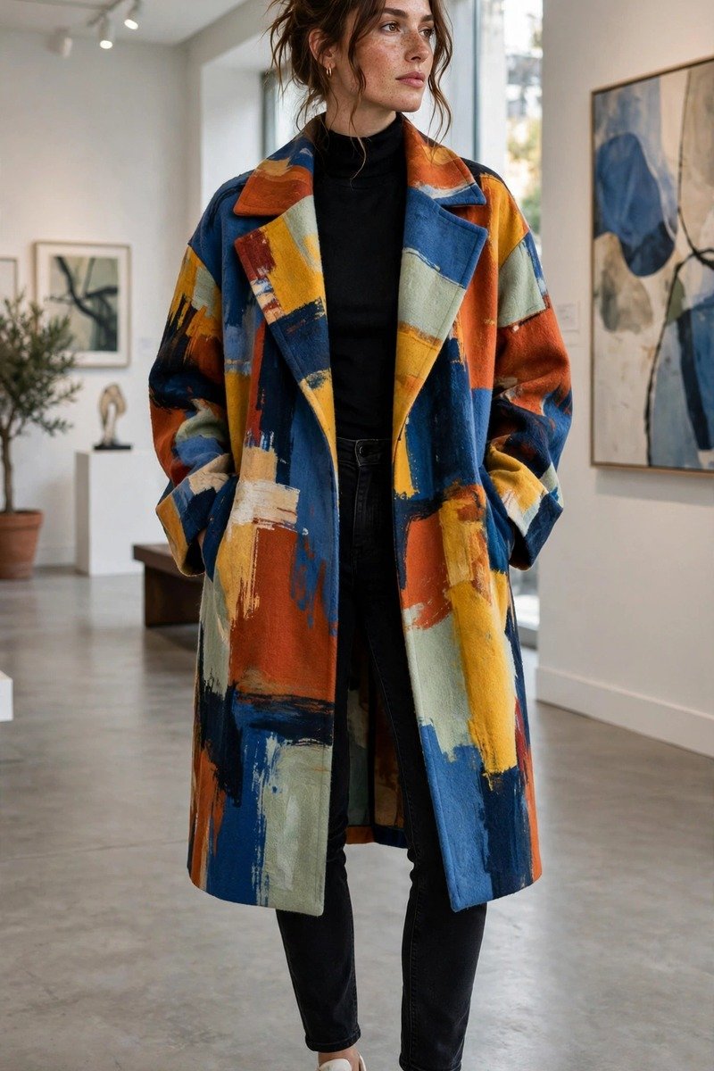 Woman in a statement coat over basics in a gallery