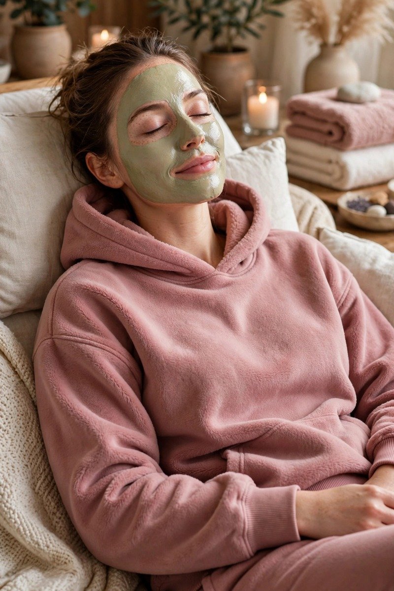 Woman in matching sweatsuit at a spa
