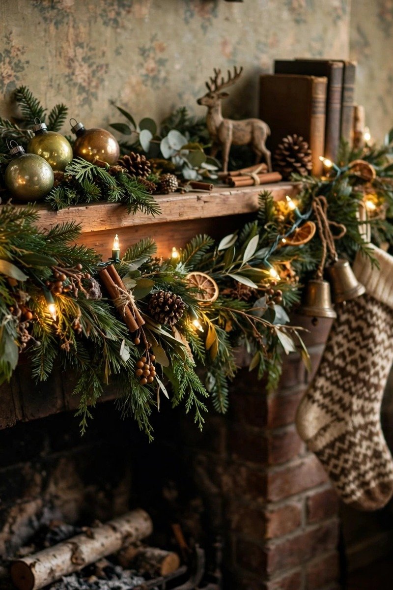Vintage Christmas decorations green garland white lights