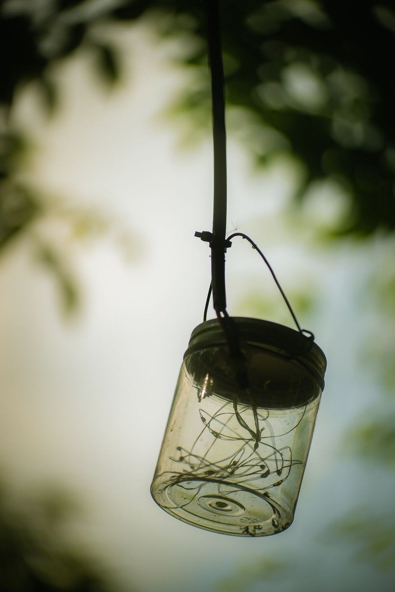 Jars with string lights glowing on a birthday table at dusk