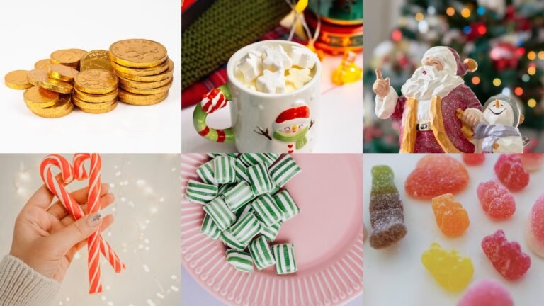 Collage of advent calendar fillers with candies small gifts and notes