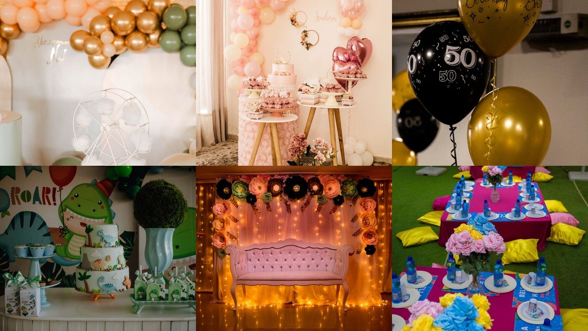 Collage of birthday decoration ideas including balloon garlands, dessert tables, and party backdrops