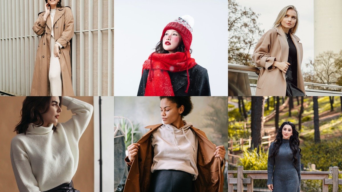 Collage of casual winter outfits for women over 40 in coats, knits, and boots