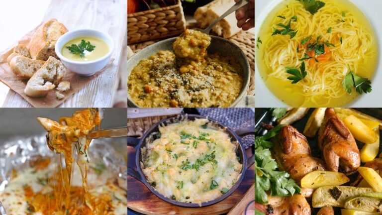 Collage of cheap winter family dinners soups and casseroles