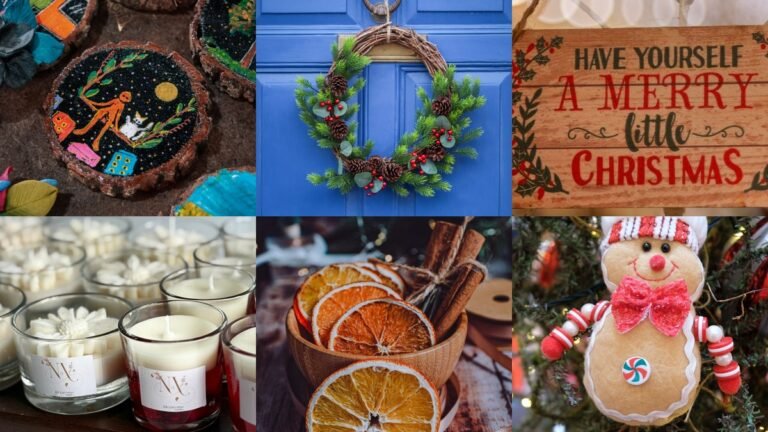 Collage of christmas crafts to sell with ornaments candles and wreaths