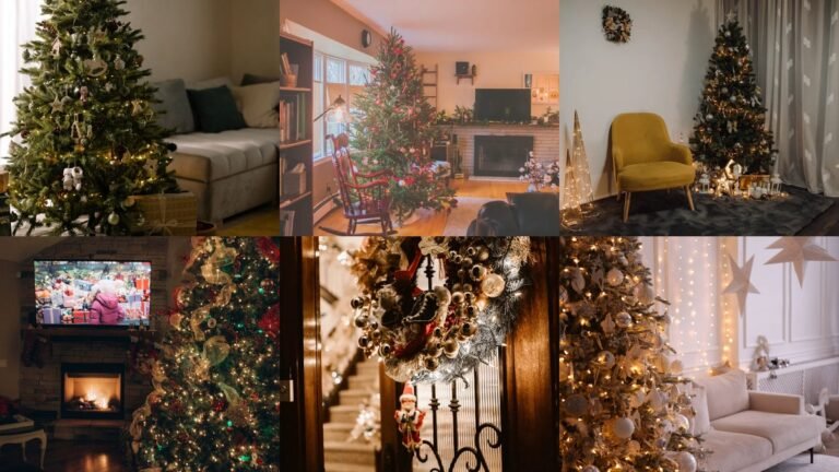 Collage of christmas decor ideas for small spaces with slim trees and garlands