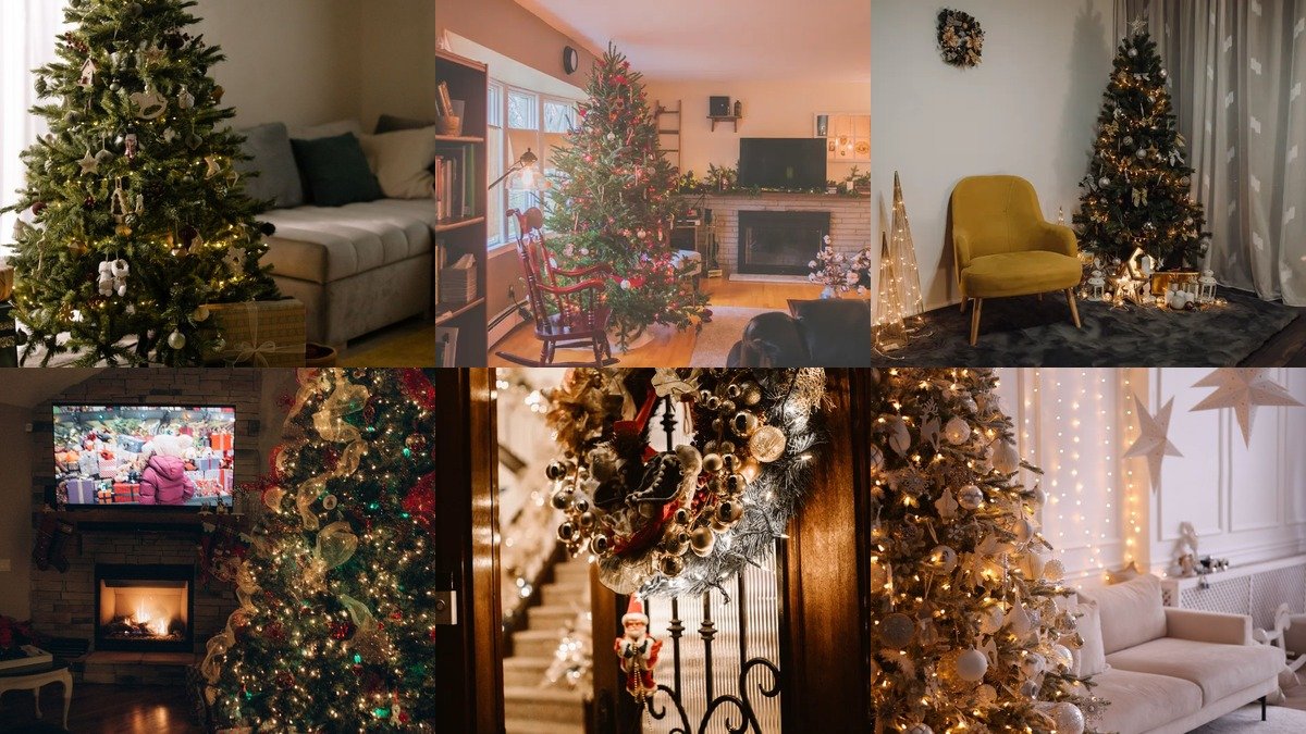 Collage of christmas decor ideas for small spaces with slim trees and garlands
