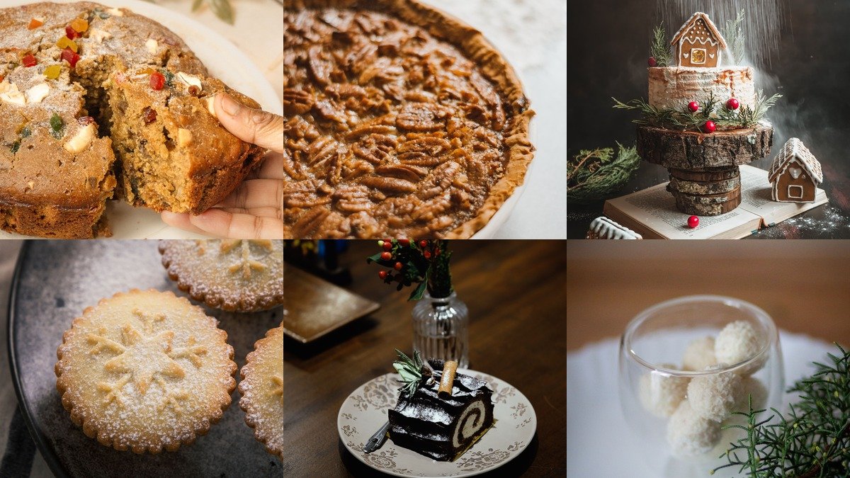 Collage of christmas dessert recipes with cakes and puddings