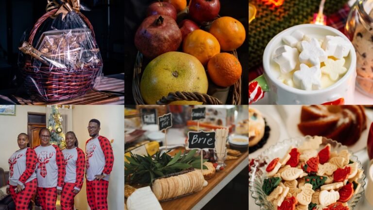 Collage of christmas gift basket ideas for families with food and cozy baskets