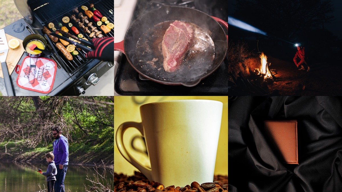 Collage of christmas gifts for dad including grill tools, a wallet, and a speaker