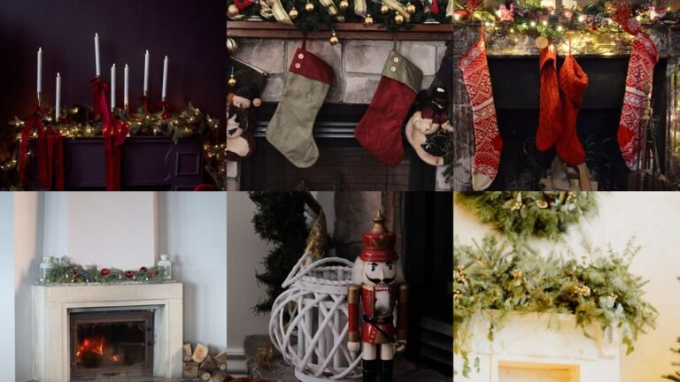 Collage of christmas mantle ideas with garlands, stockings, and candles