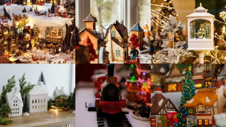 Collage of christmas village display ideas on mantels, shelves, and under a tree