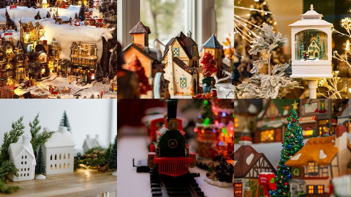 Collage of christmas village display ideas on mantels, shelves, and under a tree