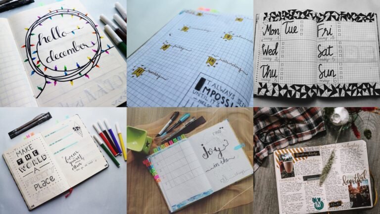 Collage of December bullet journal spreads and pages
