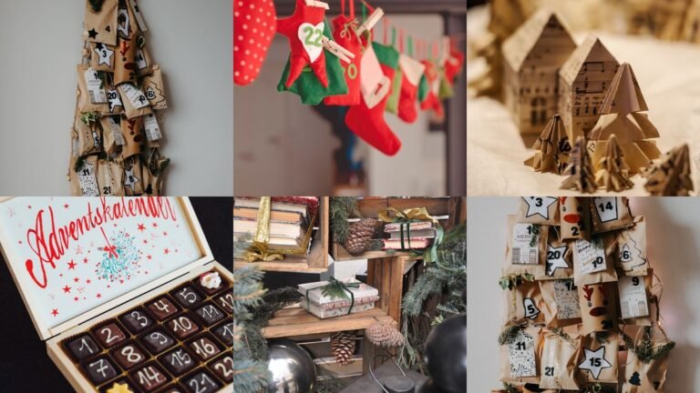 Collage of diy advent calendar ideas with pockets, bags, and paper houses