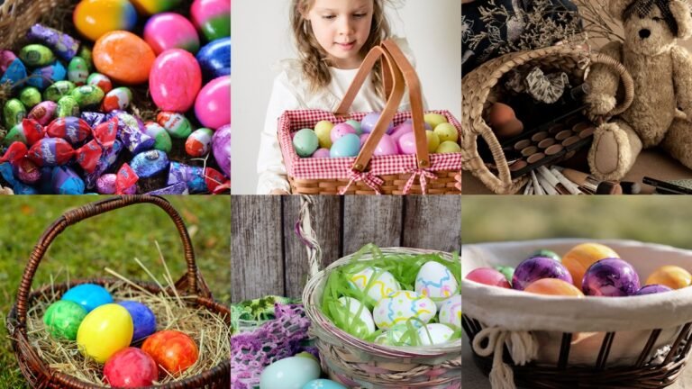 Collage of easter basket ideas with candy toys and spring gifts