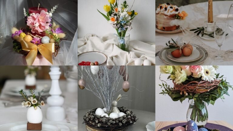 Collage of easter centerpiece ideas with tulips eggs and spring flowers
