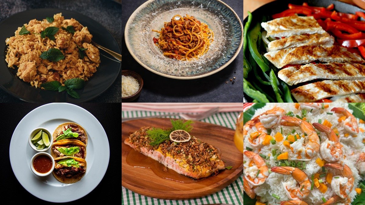 Collage of easy dinner recipes with pasta and one pan meals