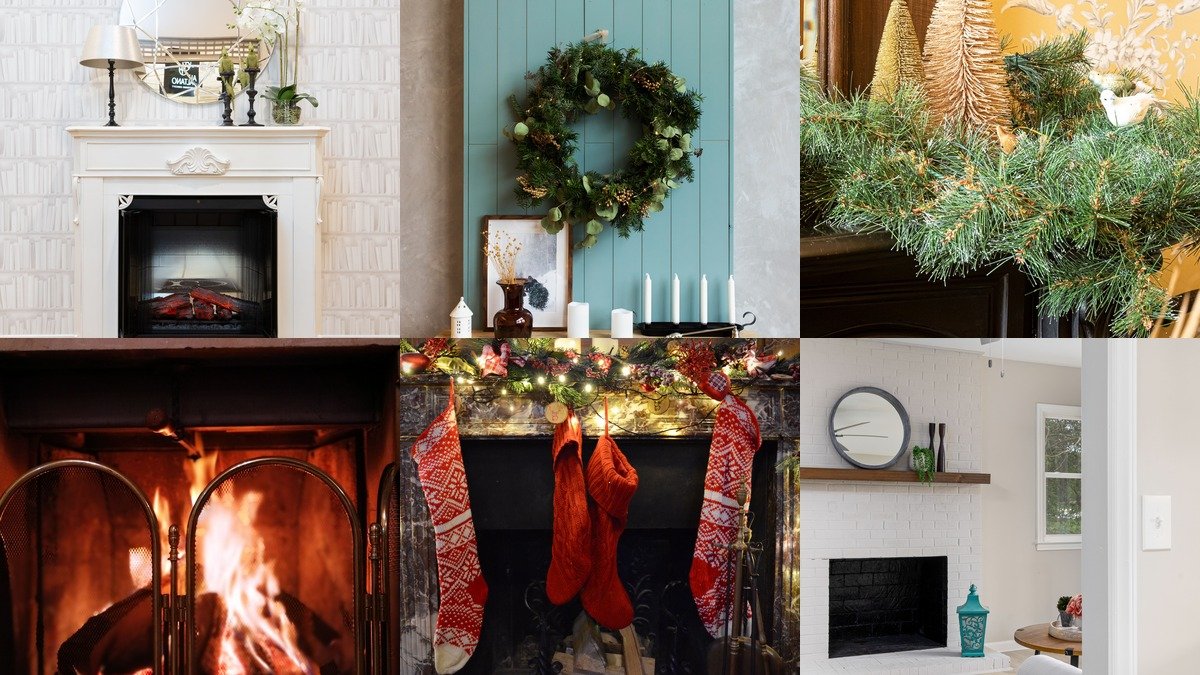 Collage of fireplace decor ideas with mirrors, garlands, and candles