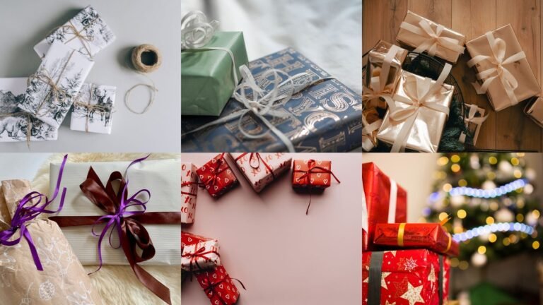 Collage of gift ideas for women over 50 with wrapped presents