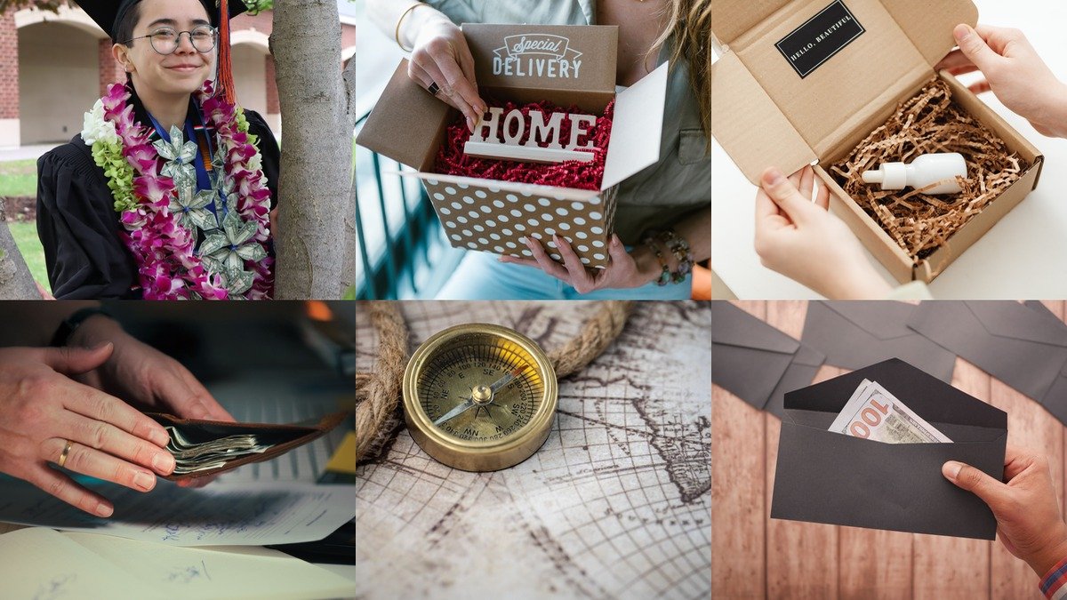 Collage of graduation gift ideas with cards keepsakes and wrapped gifts