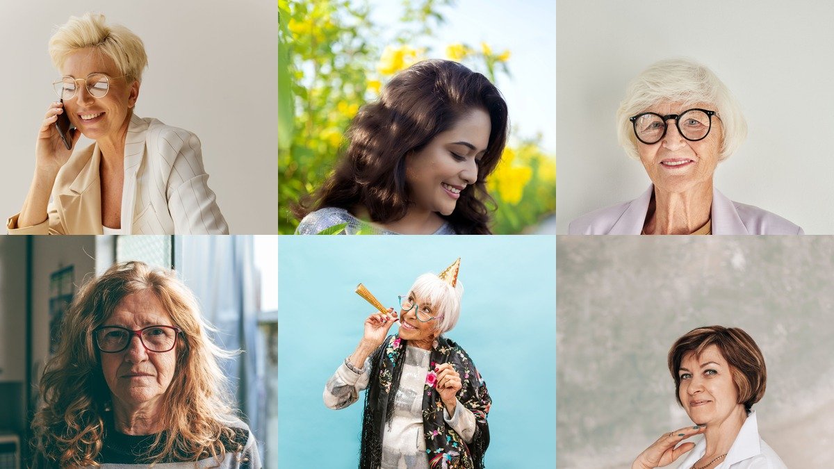 Collage of hairstyles for women over 50 with short and long cuts