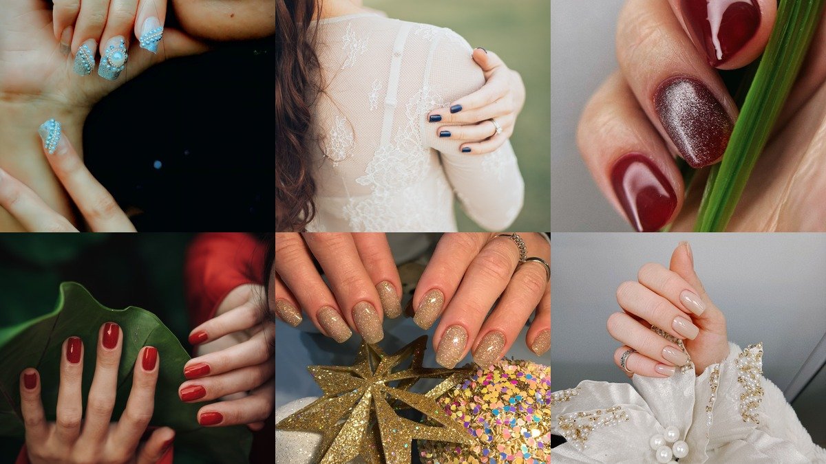 Collage of january nails with winter white and icy blue designs