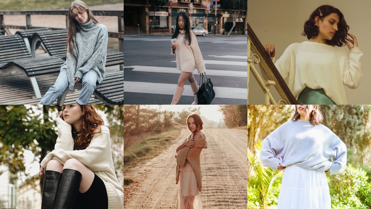 Collage of oversized sweater outfits with jeans, skirts, and boots for winter