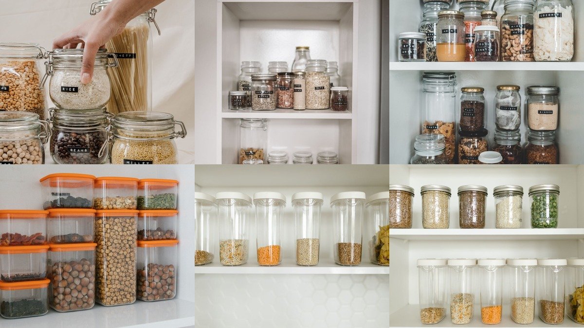 Collage of pantry organization ideas with jars and baskets