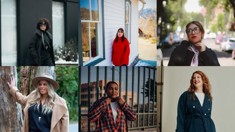 Collage of flattering plus size winter outfits with coats