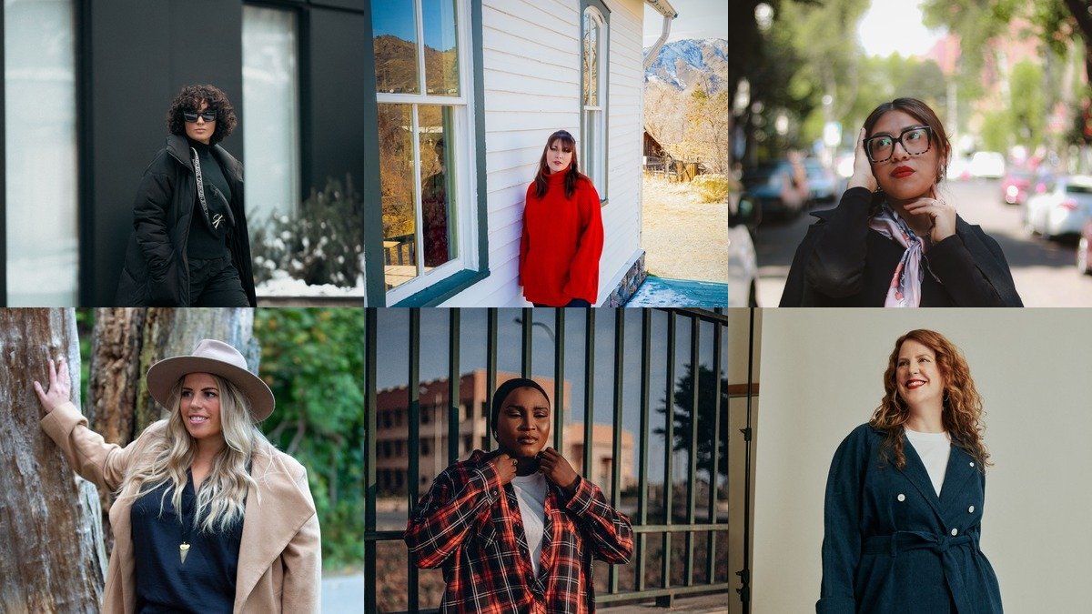 Collage of flattering plus size winter outfits with coats