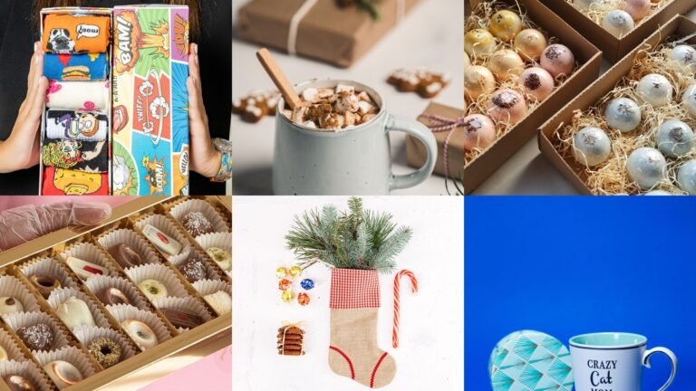 Collage of secret santa gifts including mugs, candles, treats, and cozy picks