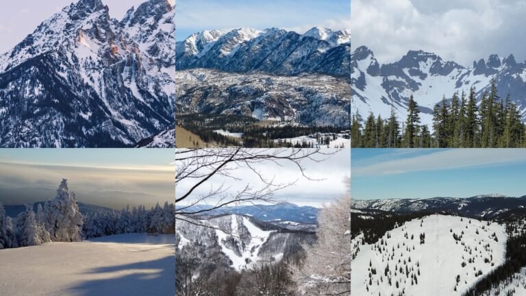 Collage of affordable ski towns in the USA in winter