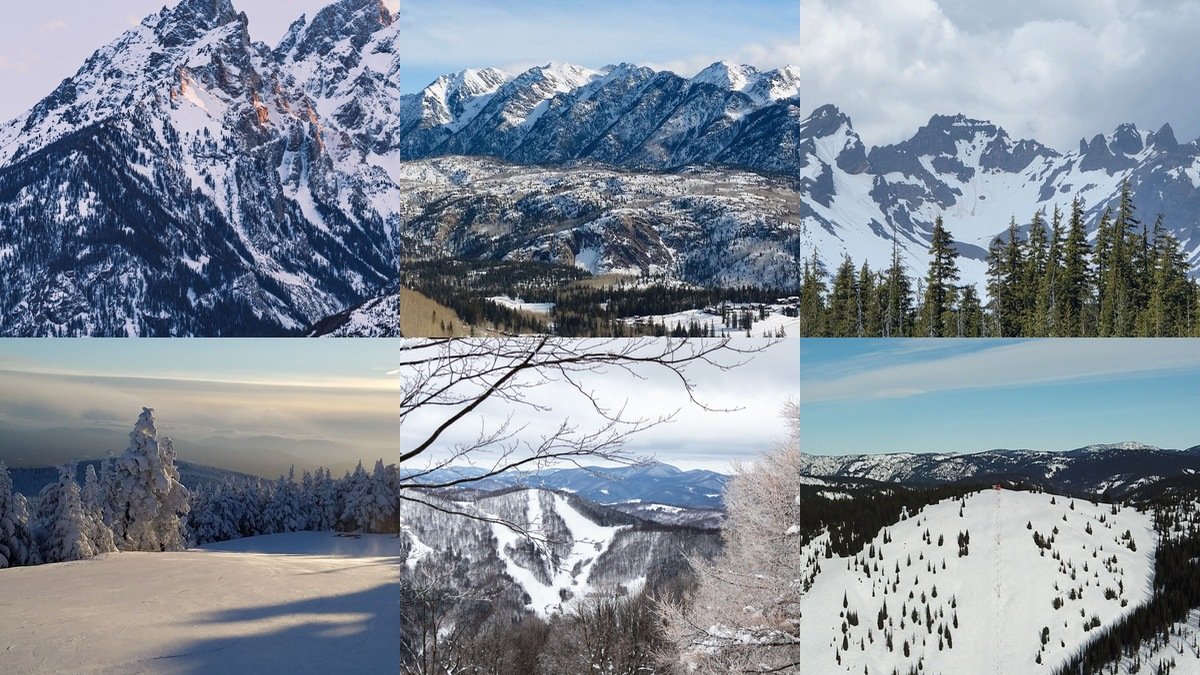 Collage of affordable ski towns in the USA in winter