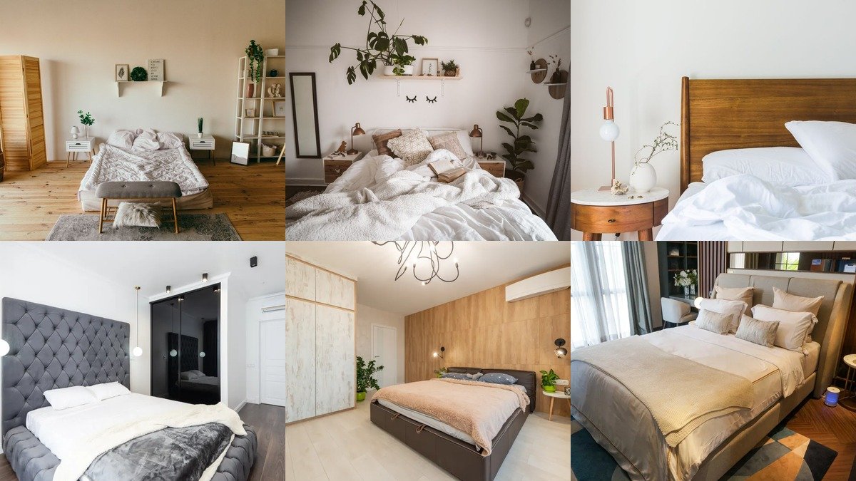 Collage of small bedroom ideas with light walls and layered bedding