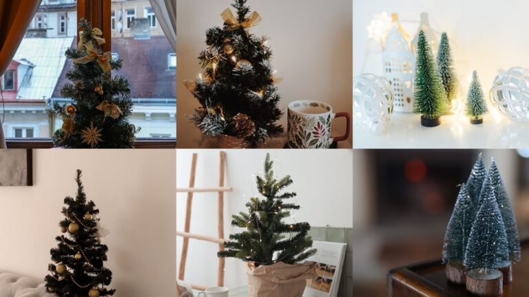 Collage of small christmas tree ideas with tabletop trees, baskets, and lights