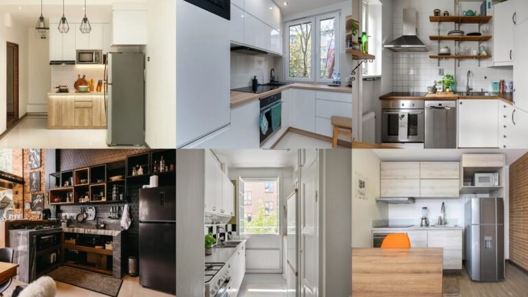 Collage of small kitchen ideas with storage and light